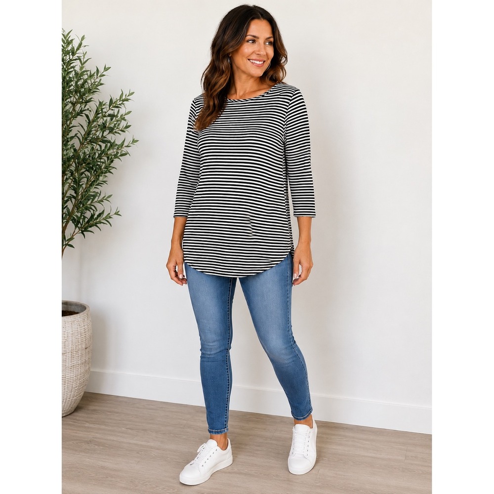 Chico's Ultimate Tee Black White Striped Supima Cotton‎ 3/4 Sleeve Top Size 0P